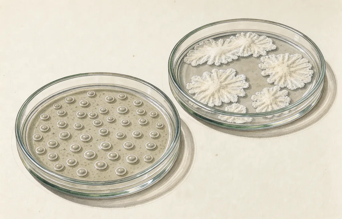 An illustration shows separate culture dishes with rounded bacterial colonies and pale fungal growth.