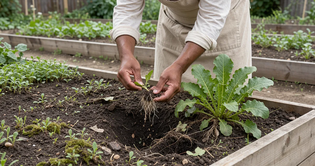 An adult lifts a small weed, with roots and soil attached, from beside a leafy garden plant.
