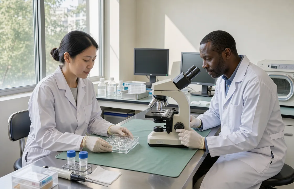 Two anonymous adults examine a culture plate beside a microscope at a bright laboratory bench.