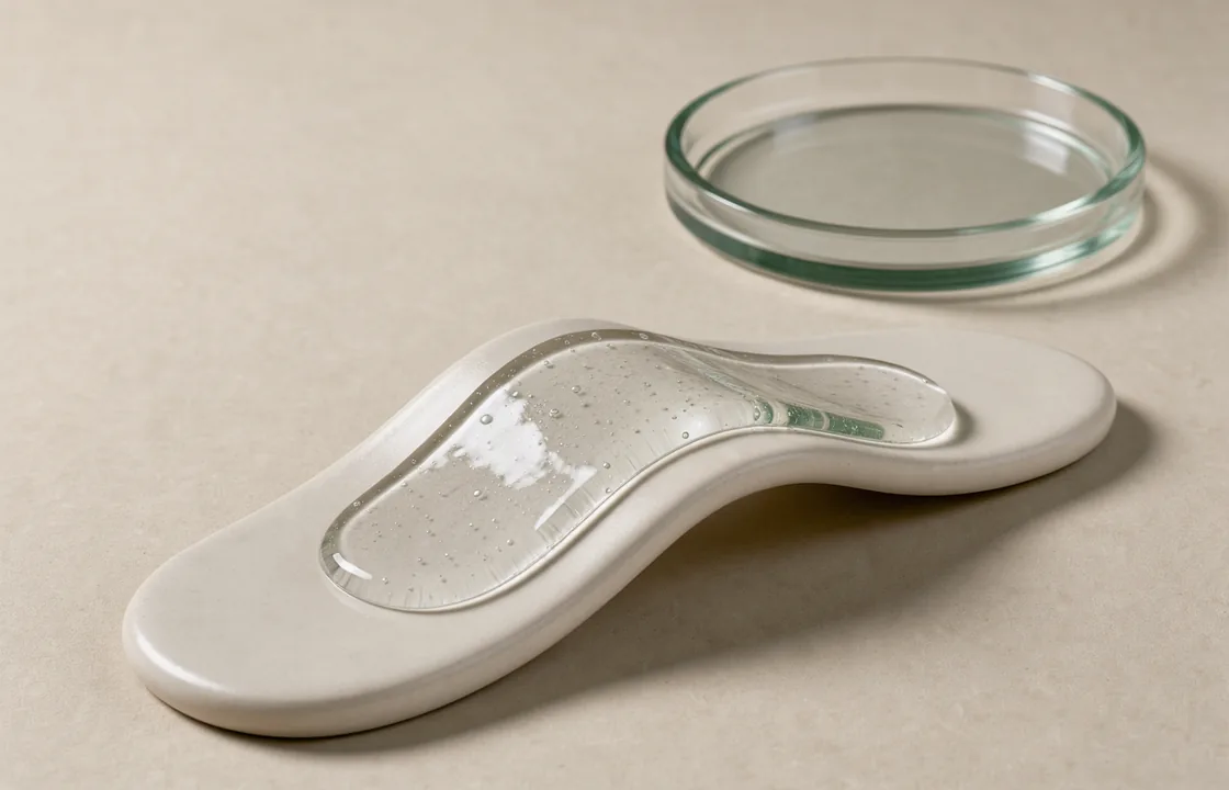 A translucent gel sample lies across a curved cream ceramic surface beside a shallow glass dish.